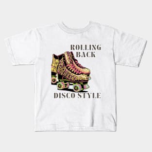 1980s Era Roller Skates Rolling Back Disco Style Gold Glitter Skates, 80s skating Kids T-Shirt